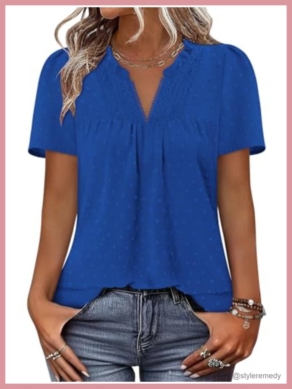 Women's Swiss Dot V-Neck Blouse Short Sleeve Boho Flowy Top - Polyester, Dressy